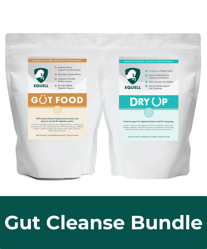 Two packs of Equell gut cleanse bundle for FWS and digestive hindgut support during times of challenge where loose droppings are a concern